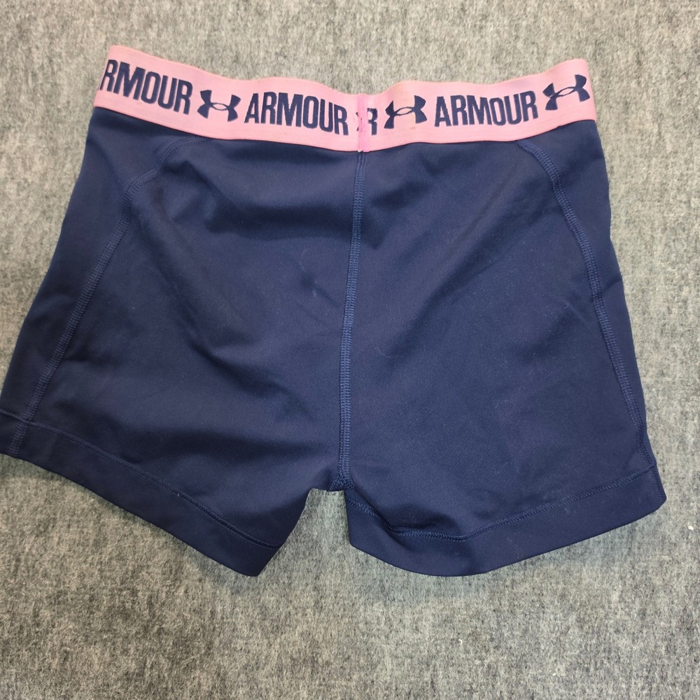 Under Armour Womens Navy Blue Pink Logo Waistband Compression Athletic Shorts